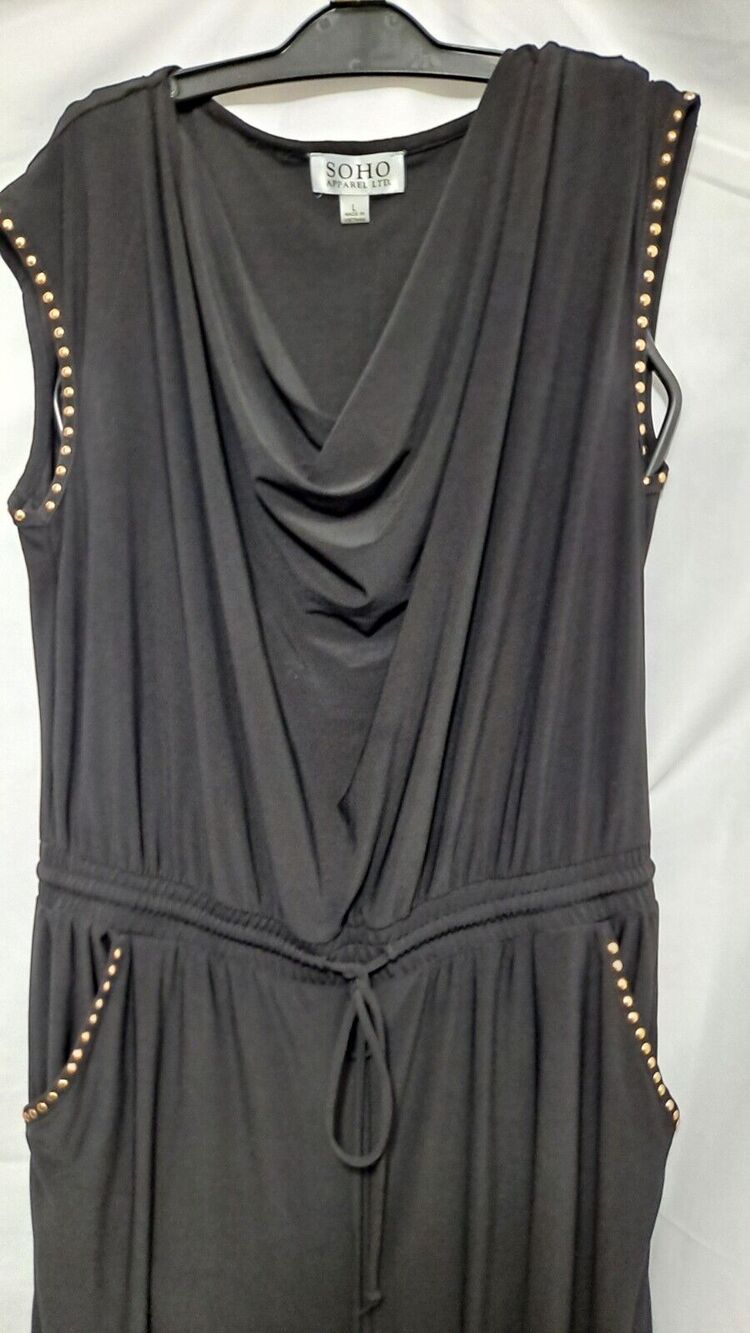 SOHO Apparel Ltd Women Black Jumpsuit LG Cowl Neck Gold Studded Adornment